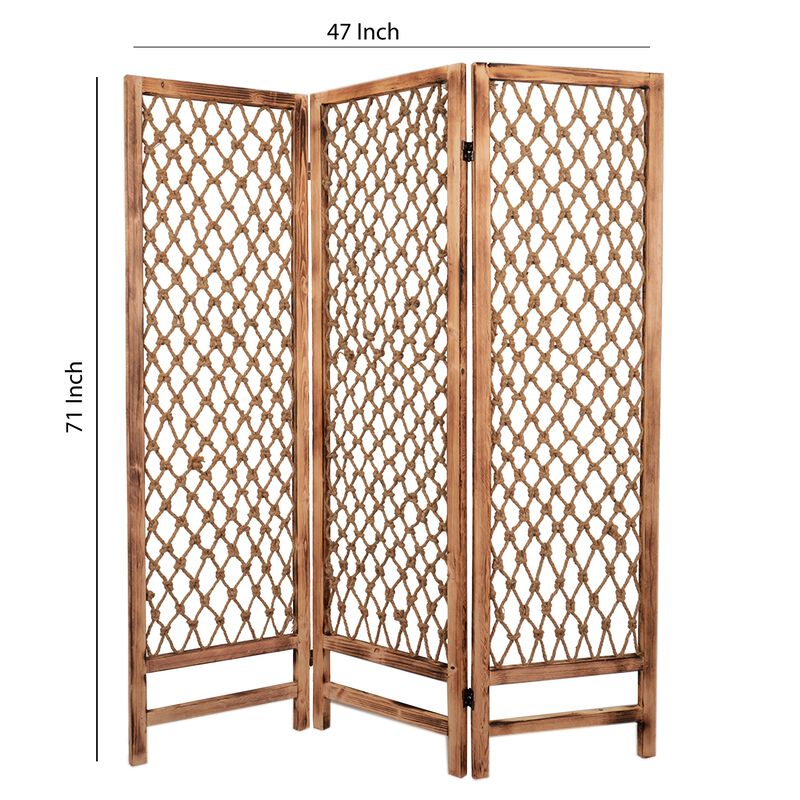 3 Panel Traditional Foldable Screen with Rope Knot Design, Brown-Benzara