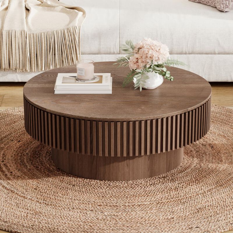 Round coffee table with storage Solid wood veneer and MDF coffee table with fluted base Modern accent coffee table for small spaces image number 6