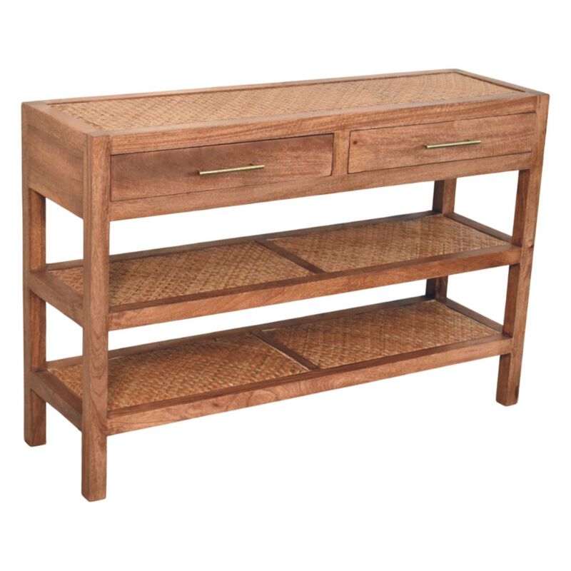 Artisan FurnitureSolid Wood Woven Tier Console,Brown,2-Drawers,2-Shelf
