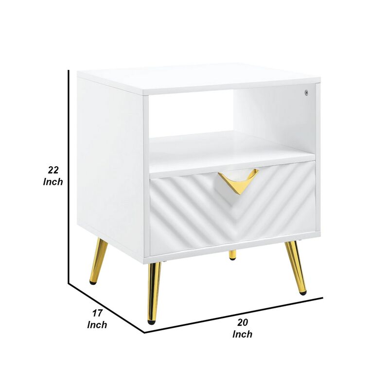 Tyra 22 Inch Wood End Table with Open Space, Wave Pattern, White, Gold-Benzara