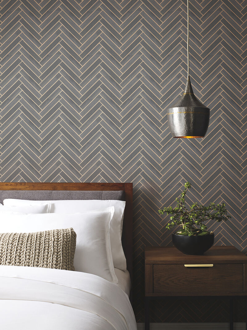 Herringbone Wood Veneer Graphite Wallpaper (Set of 2) image number 1