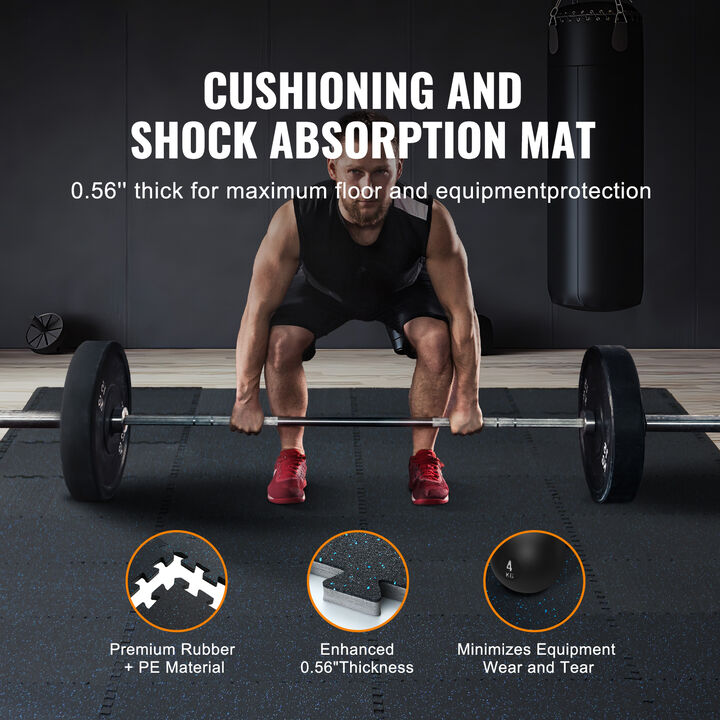 0.56" Thick Gym Floor Mats 6 Tiles Rubber Top with EVA Foam Black & Blue