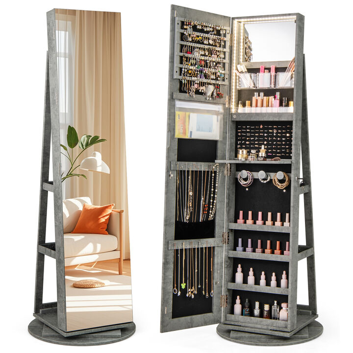 360° Rotating Mirrored Jewelry Cabinet with 3 LED Modes, Lockable Storage Armoire