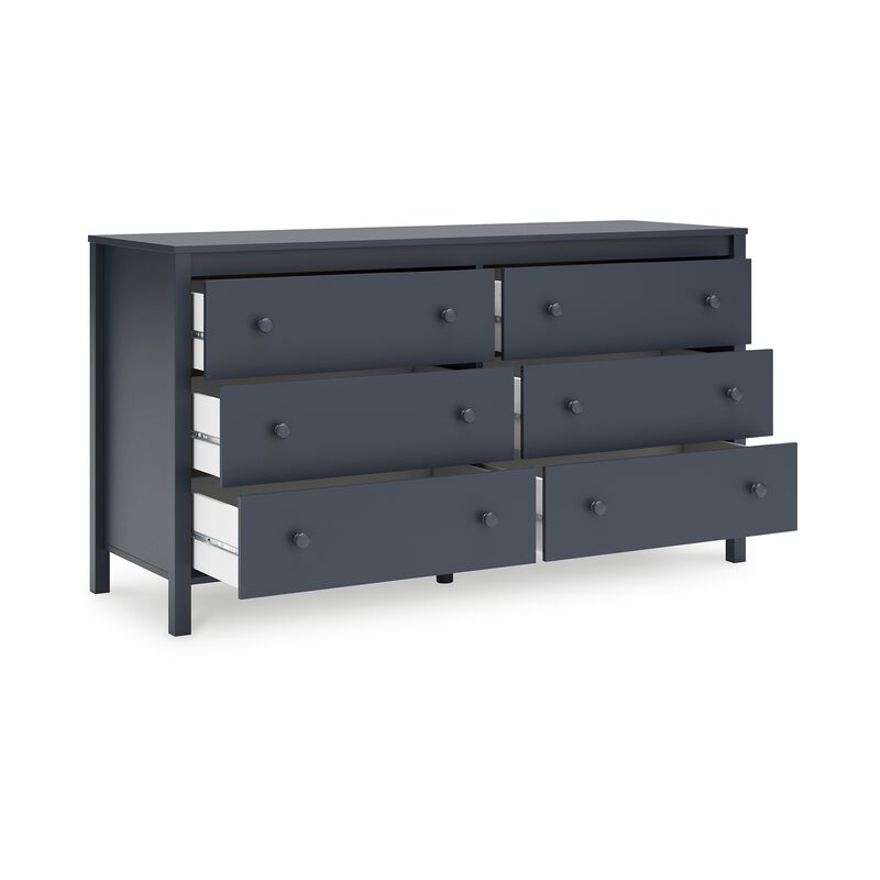 Cian Wide Dresser, 6 Drawers, Knob Handles, Navy Blue Wood, 61 Inch - Benzara