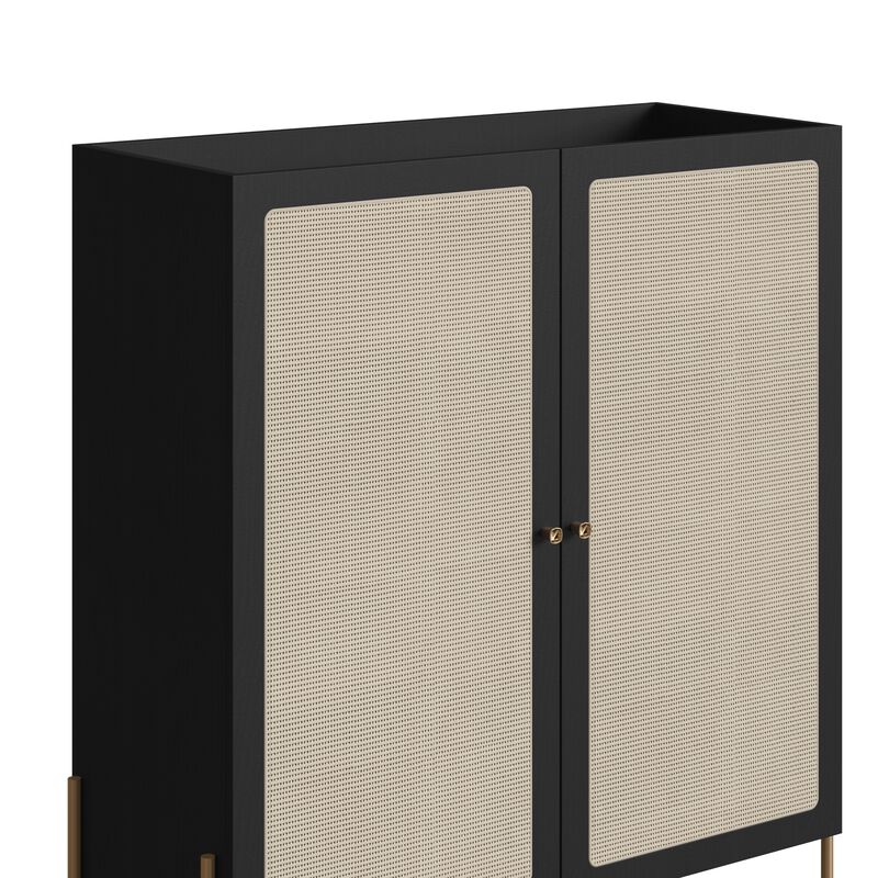 Boho 36"LX43"H Bar Cabinet Gold Iron Leg 2 Rattan Door Sideboard