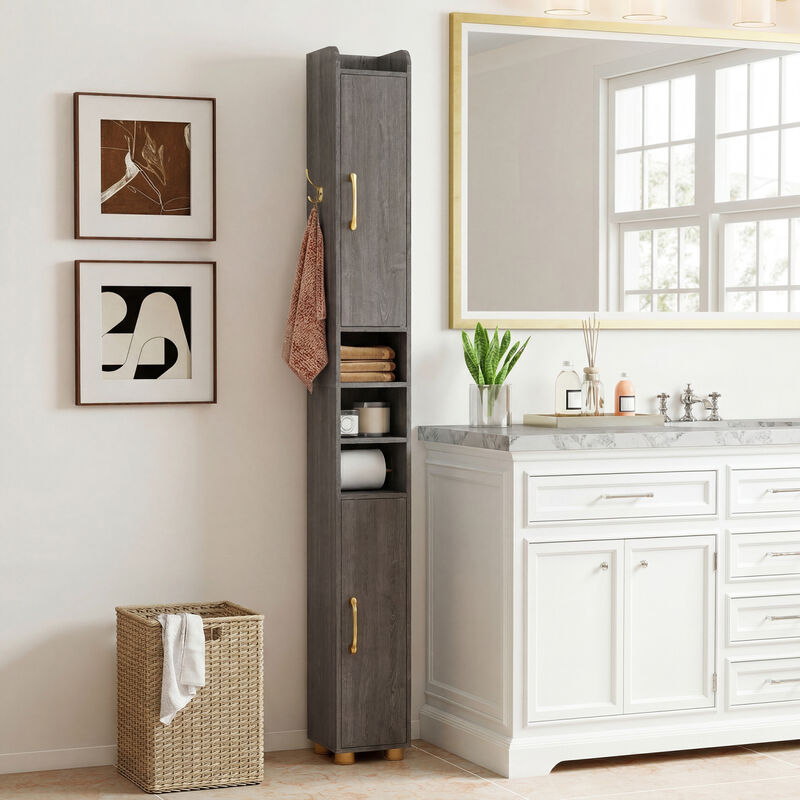 Freestanding Narrow Bathroom Cabinet with Open Shelves and Toilet Paper Holder image number 5