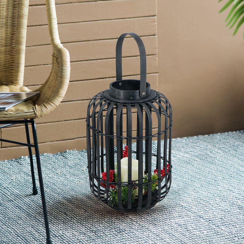 Clihome 9.3x9.3x13.8" Black Bamboo Lantern with White LED Candle