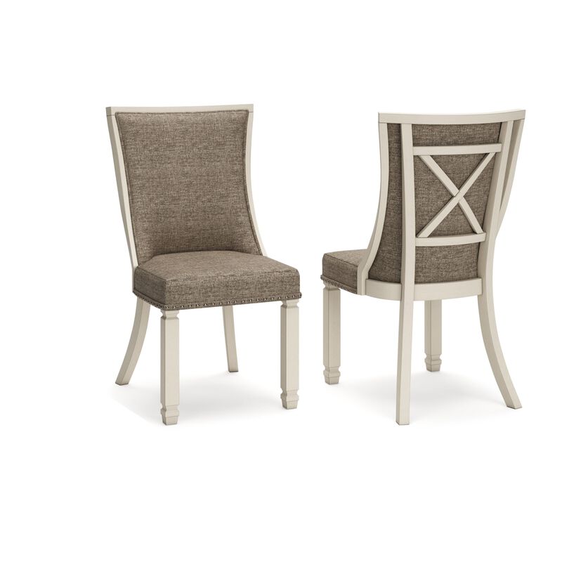 Bolan Dining Side Chair Set of 2, Lattice Back, Polyester, White Wood - Benzara