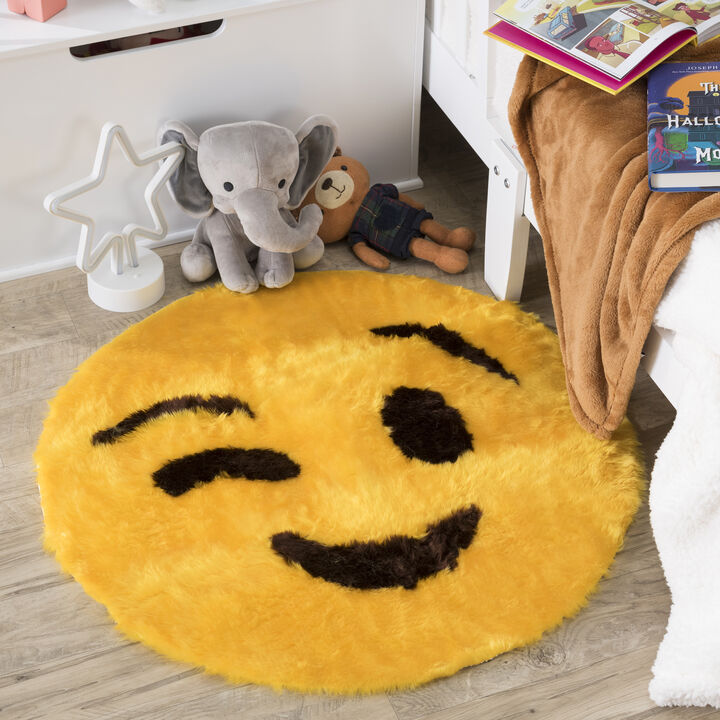 Walk on Me Emoji Faux Fur Soft and Cute 26 in. Wink Area Rug Made in France
