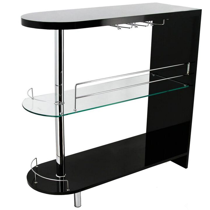 Zaina 42 Inch Modern Bar Table, 3 Shelves, Tempered Glass, Black, Chrome - Benzara
