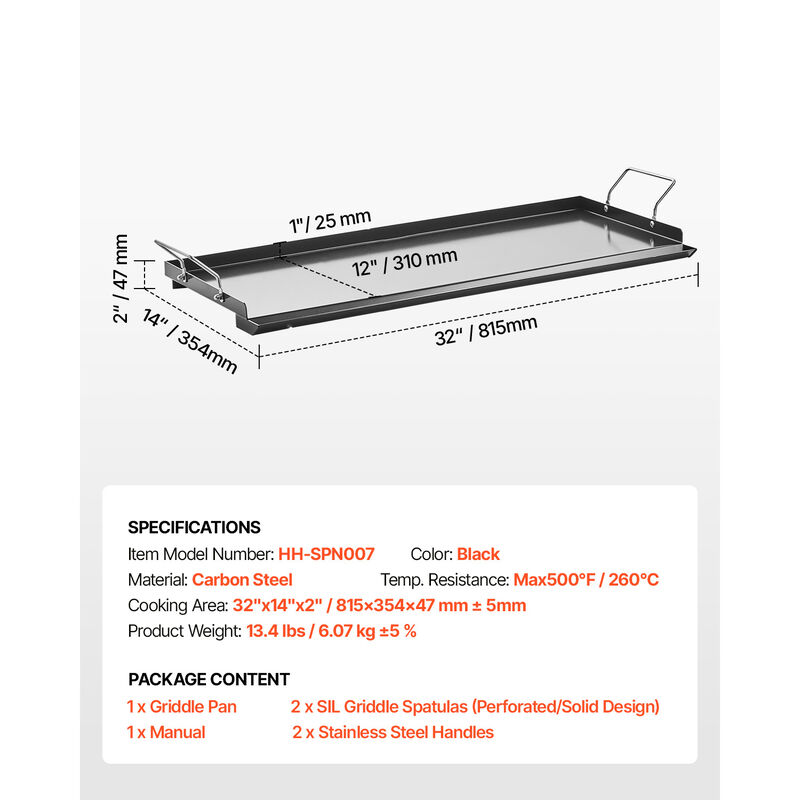 32x14 in Flat Top Griddle Carbon Steel Universal BBQ Grill Pan Cookware