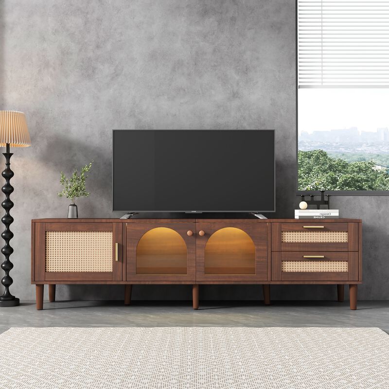 Merax Smart TV Cabinet with RGB LED Lighting, Rattan Doors, 2 Drawers, Closed Cabinet & Glass image number 5