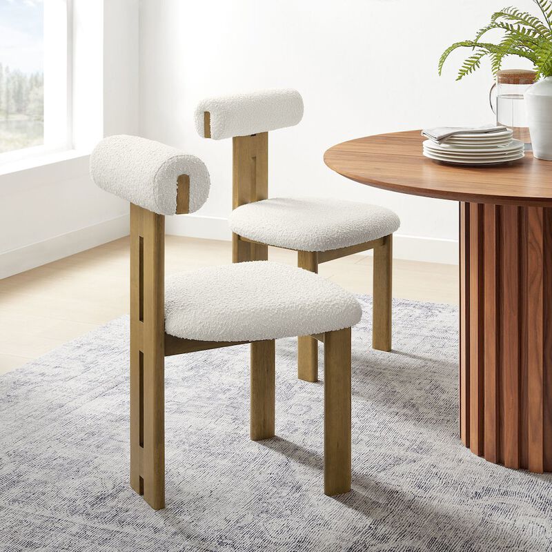 Modway Torian Upholstered Boucle Dining Chairs Set of 2 in Walnut Black - 3-Legged Farmhouse Kitchen Chairs - Mid-Century Modern Armless Accent Chairs - Comfortable Side Chairs with Wood Legs image number 8