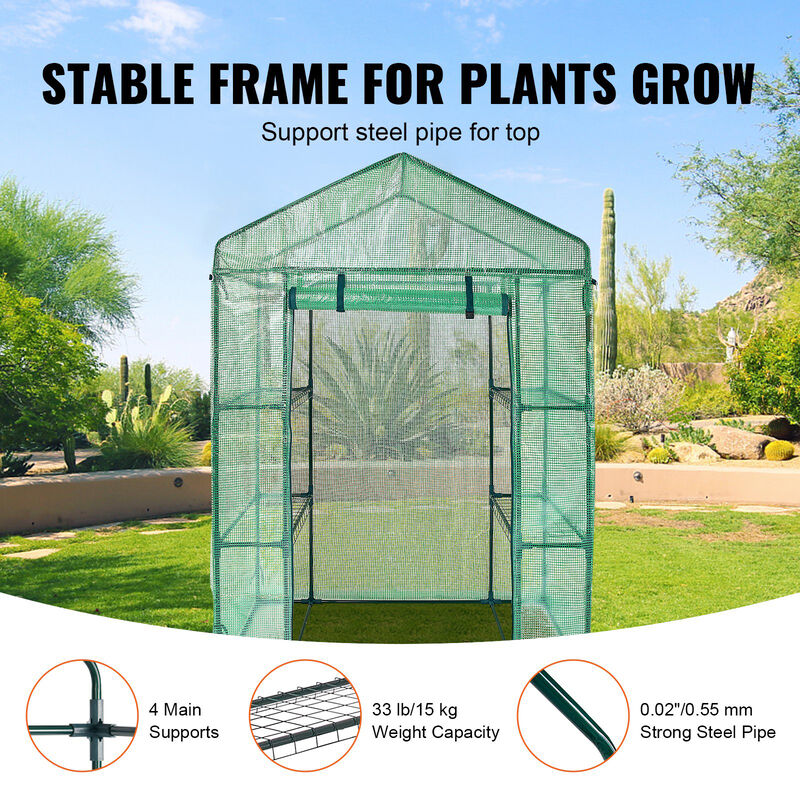 Portable Walk-in Greenhouse with Shelves, Roll-Up Windows, and Heavy-Duty PE Cover