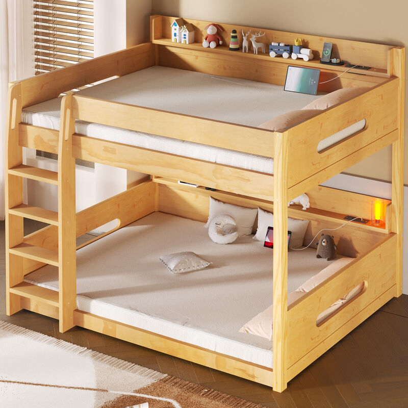 Merax Queen over Queen Wood Bunk Bed with Storage Shelves image number 2