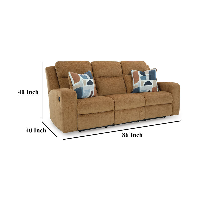 Damon Manual Reclining Sofa, Camel Brown Polyester, 2 Pillows, 86 Inch - Benzara