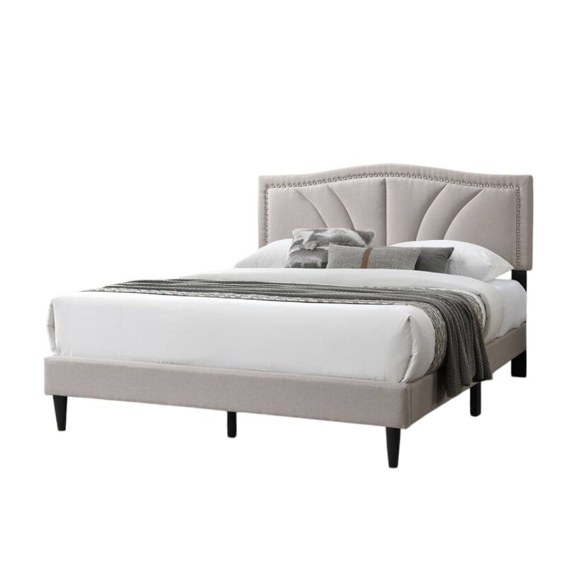 Reo Queen Size Bed, Light Brown Burlap Upholstered Curved Headboard - Benzara