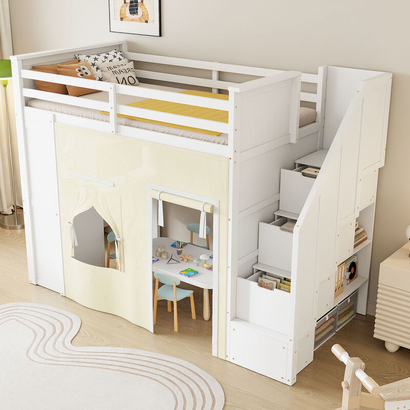 Merax Twin Size White Loft Bed with Desk, Storage Staircase, Drawers & Blackout Curtain image number 2