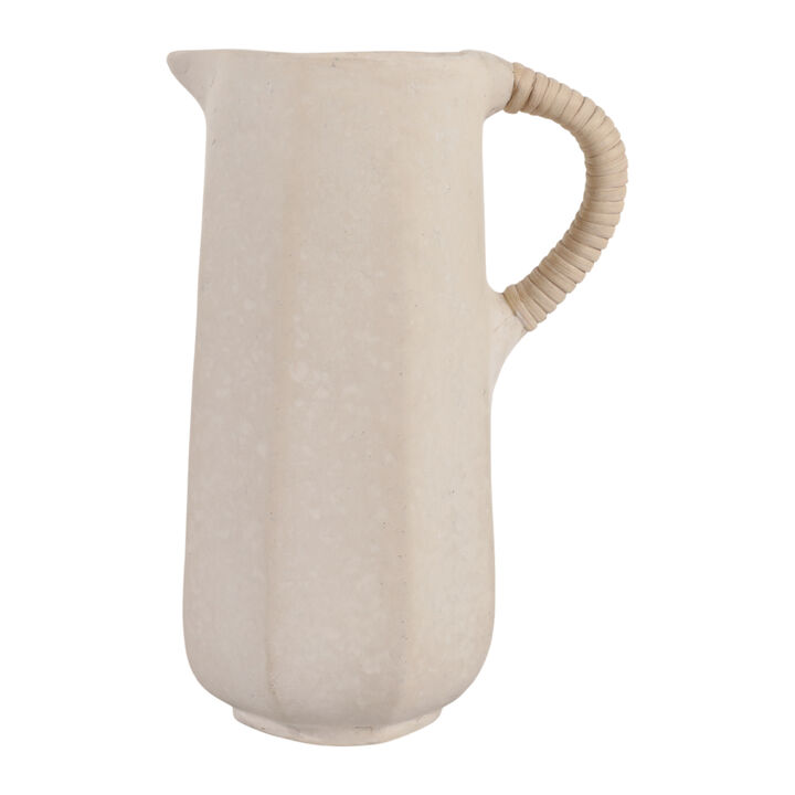 11x8" Paper Mache Jug W/ Rattan Handle, Ivory