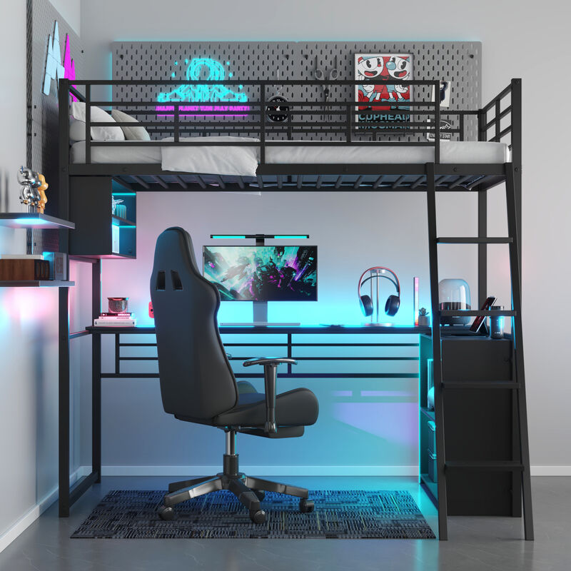 Merax Metal Loft Bed with LED, Desk and 4 Storage Shelves