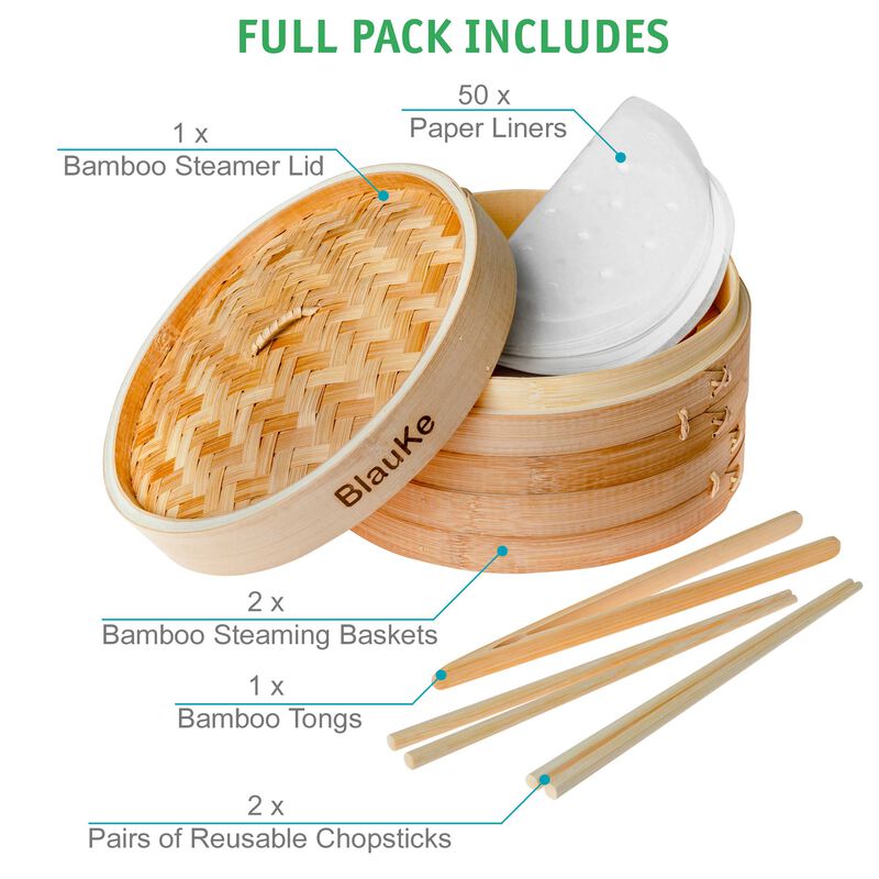 2-Tier Bamboo Steamer for Cooking Dumplings, Vegetables, Meat, Fish, Rice - Bamboo Steamer Basket 10 Inch with 2 Pairs Chopsticks, Tongs and 50 Paper Liners