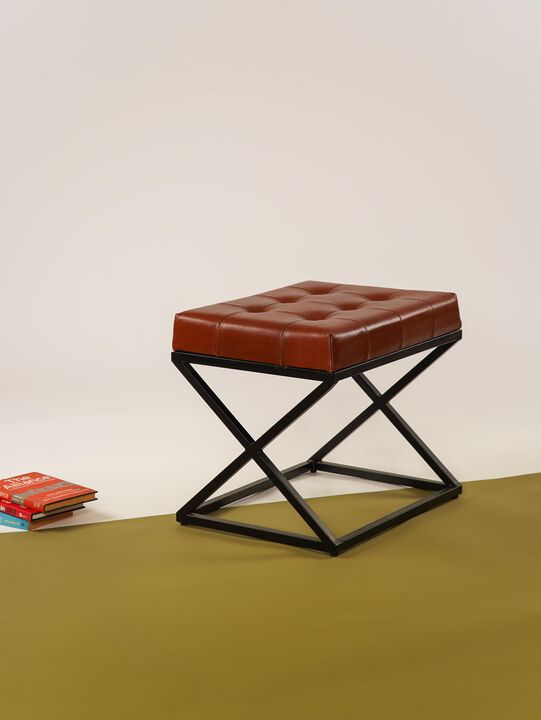 Handmade Eco-Friendly Geometric Buffalo Leather & Iron Black Square Ottomon Stool 21"x18"x16" From BBH Homes