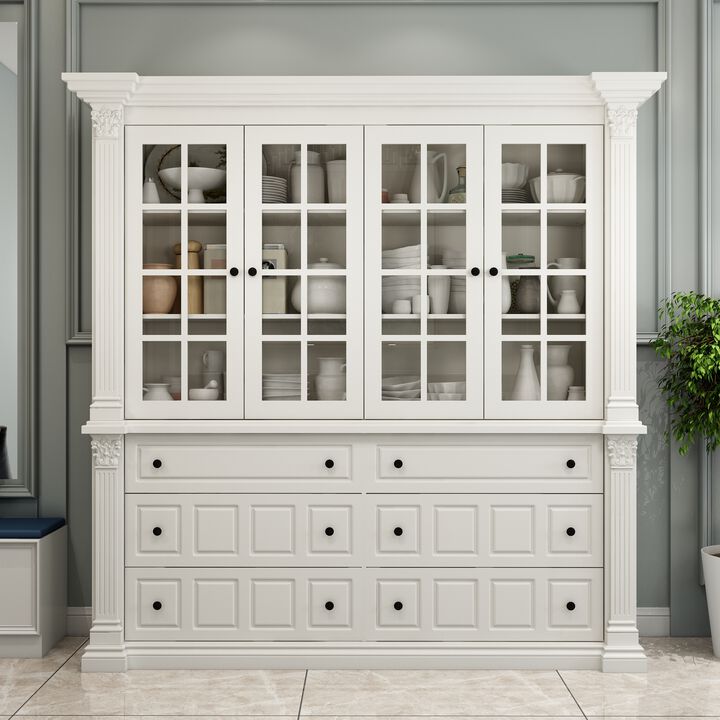 FUFU&GAGA Modern Kitchen Cabinet with 4 Glass Doors & 6 Drawers, Painted Finish, Black Handles, (74.8 in. W x 17.7 in. D x 74.8 in. H), White