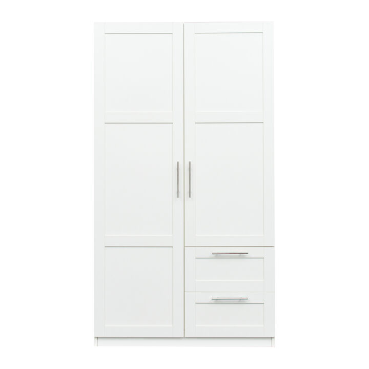 High wardrobe and kitchen cabinet with 2 doors, 2 drawers and 5 storage spaces, white