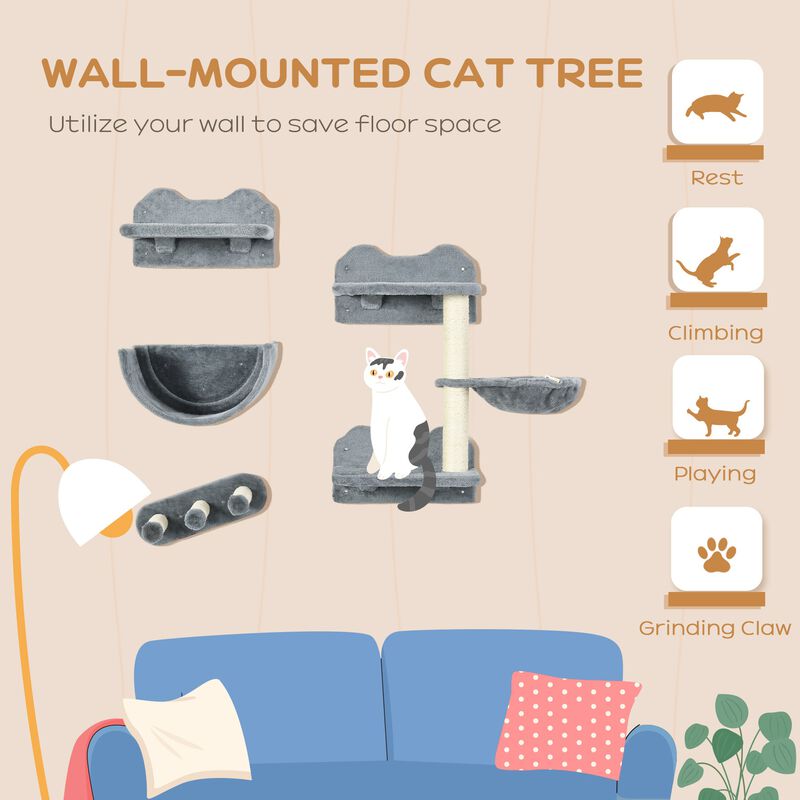 Cat Wall Shelves, with Hammock, Scratching Post, Steps, Platforms, Gray