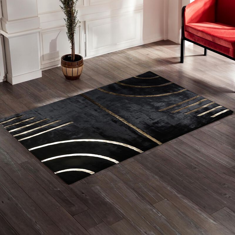 Gold Striped Black Geometric Fur Plush Rug