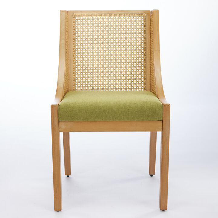 Whisen Rattan Dining Chairs, Solid Rubberwood Frame with Armrest, Linen Upholstered Seat, Set of 2 for Kitchen Living Room