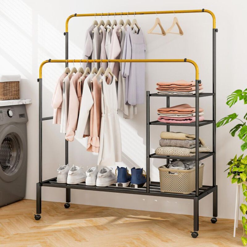 Hivvago Rolling Double Rods Garment Rack with Height Adjustable Hanging Bars