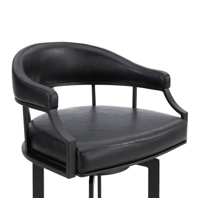 Nuf 30 Inch Swivel Barstool Armchair, Curved Round Back, Black Faux Leather-Benzara
