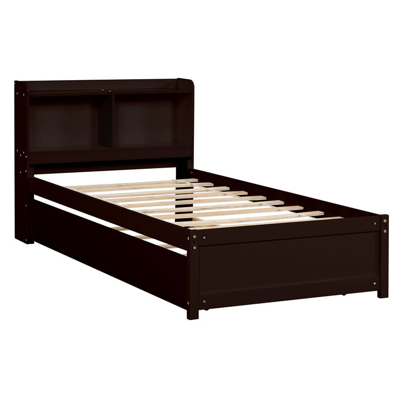 Whisen Twin Storage Bed with Pull-Out Trundle and Integrated Bookcase Headboard image number 0