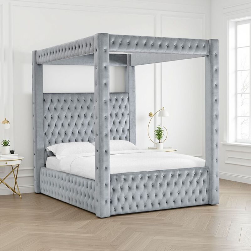 Beli Queen Size Canopy Bed, Tufted Design, Gray Velvet Upholstery