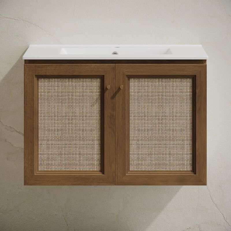 30" Wall-Mounted Bathroom Vanity in Brown Oak with Single Faucet Hole Vanity Top image number 4
