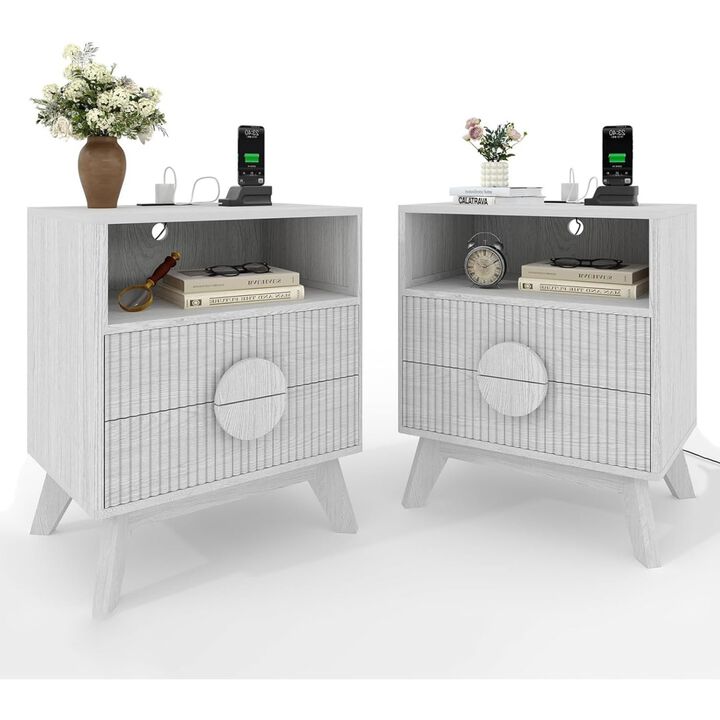 2pcs Modern Fluted Night Stand, Bedroom Nightstand with USB Charging Station, Wood Fluted Bedside Table with 2 Drawers, Natural Oak