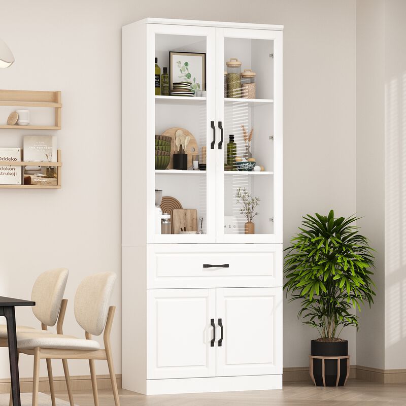 FUFU&GAGA Kitchen Storage Cabinet with Glass Doors, Adjustable Shelves, and Drawer for Organization (31.5" W x 15.7" D x 78.9" H) White