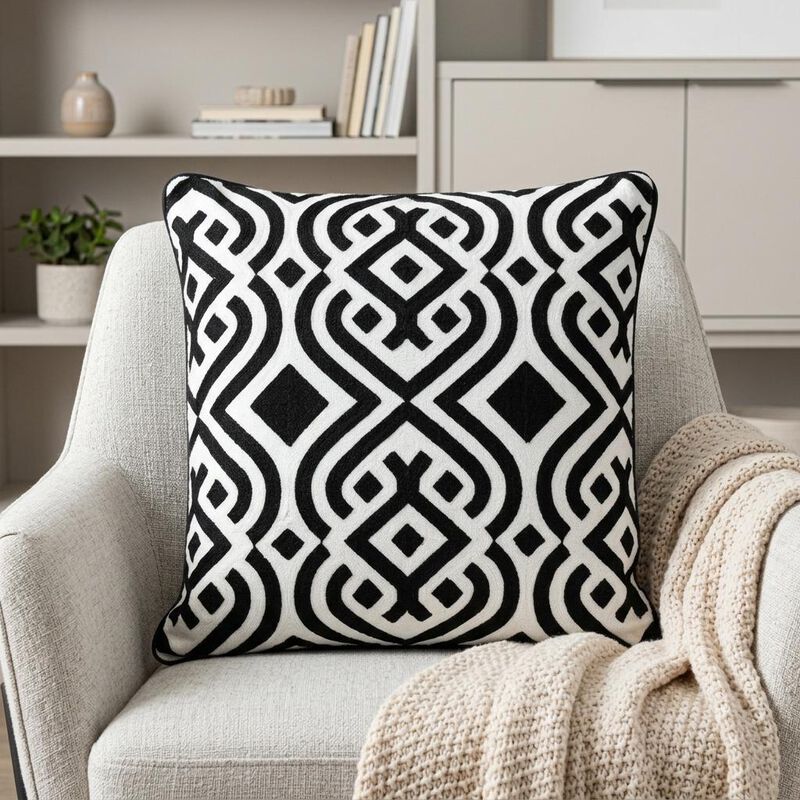 HomeRoots 20" Black and White Geometric Cotton Throw Pillow image number 1