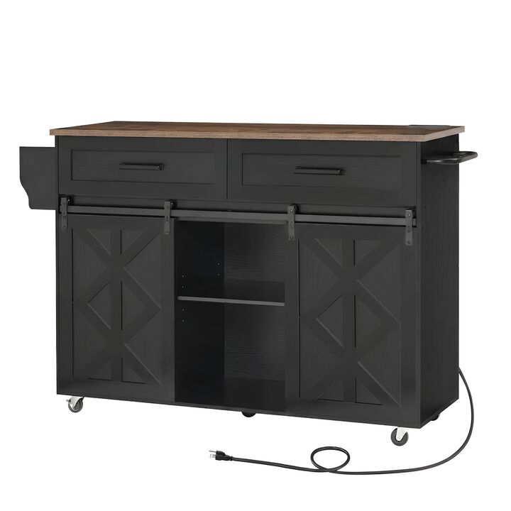 Mobile Kitchen Island with Built-In Power Outlet and Sliding Barn Door-Black