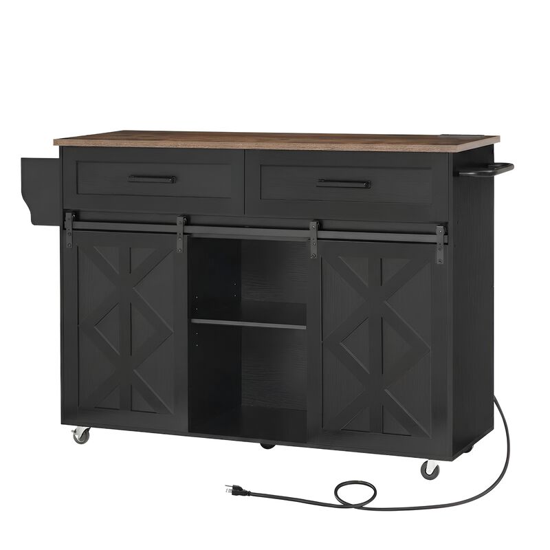 Mobile Kitchen Island with Built-In Power Outlet and Sliding Barn Door-Black image number 0