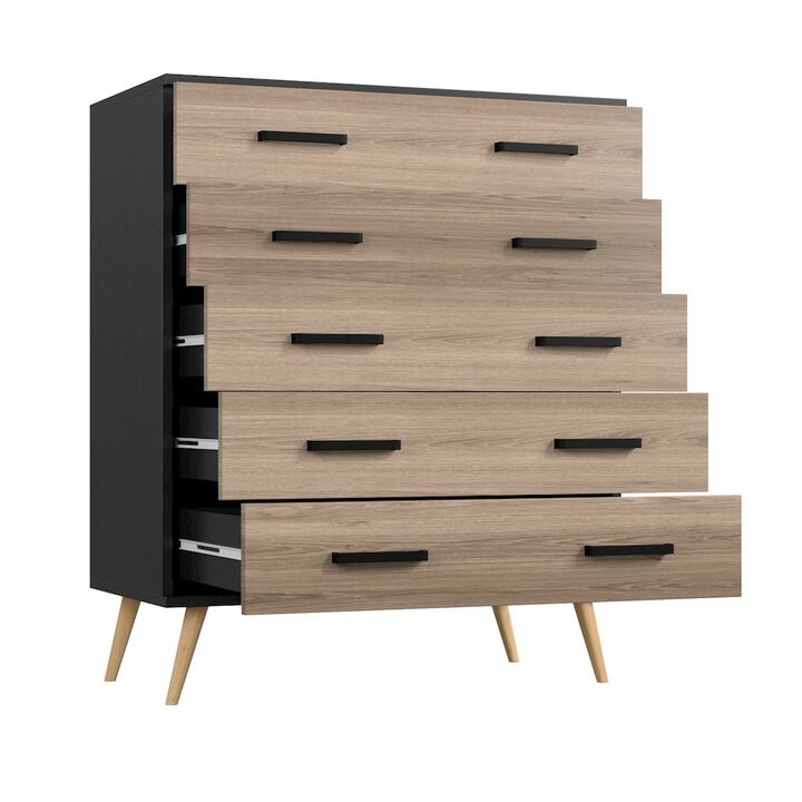 Eli Mid-Century Modern 5 Drawer Chest in Black &Sonoma Oak Color