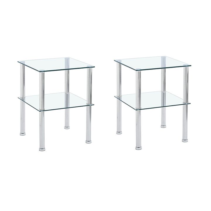HomeRoots Set of Two Clear and Silver Glass and Metal Square End Tables With Shelf