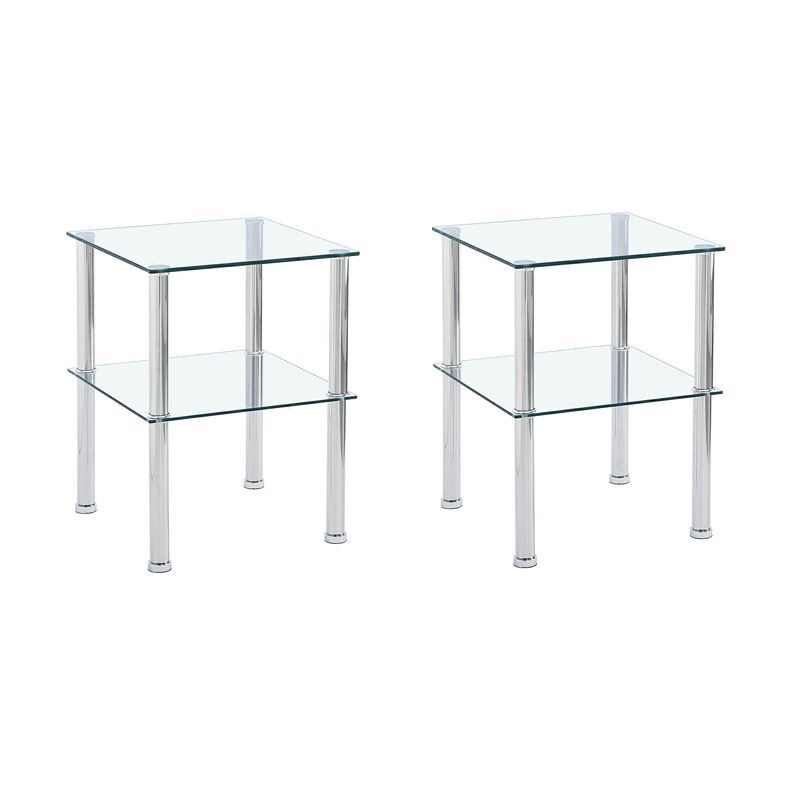 HomeRoots Set of Two Clear and Silver Glass and Metal Square End Tables With Shelf image number 0