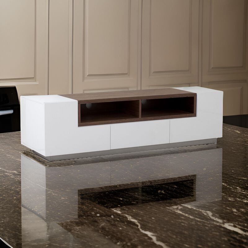 Fila 71 Inch TV Media Console, 3 Pull Out Drawers Open Center, White, Brown - Benzara