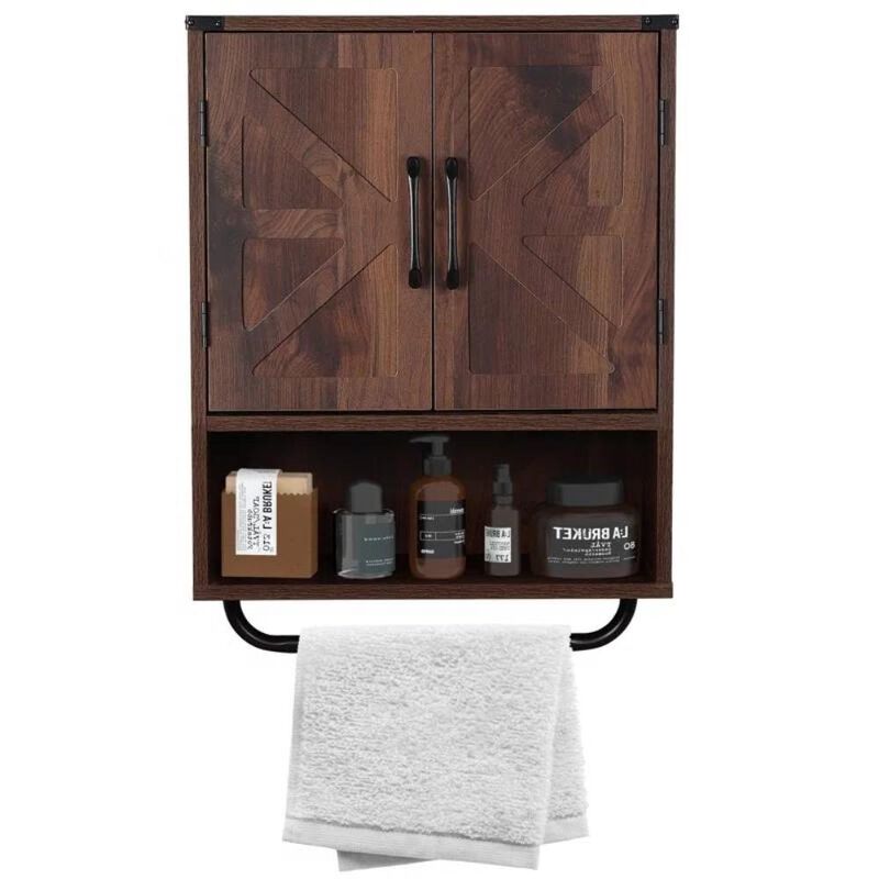 Hivvago Farmhouse Bathroom Wall Cabinet with Towel Bar in Brown Wood Finish