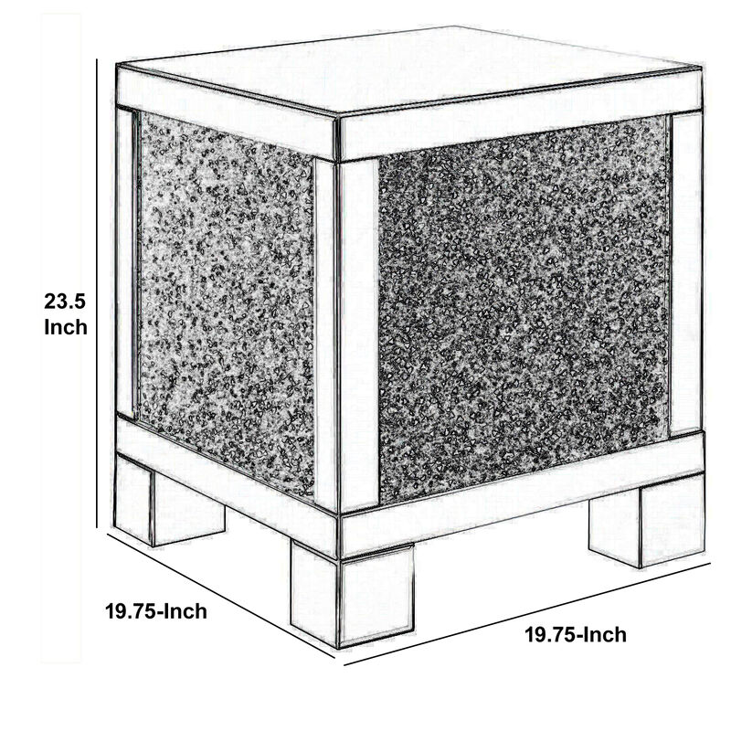 Wooden End Table with Infused Crystals on Mirrored Panel, Silver and Clear
