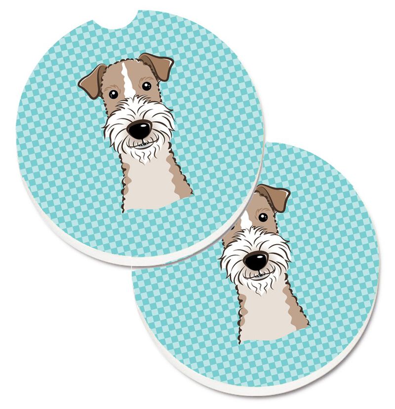 Caroline's Treasures Checkerboard Blue Wire Haired Fox Terrier Set of 2 Cup Holder Car Coasters BB1185CARC, 2.56, Multicolor