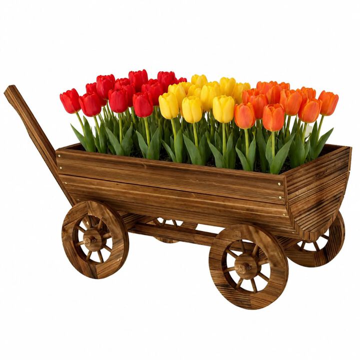 WOW PIONEER Rustic Wooden Wheelbarrow Wagon Planter, Mobile Elevated Garden Flower Cart with Drainage for Patio, Porch, Yard Use