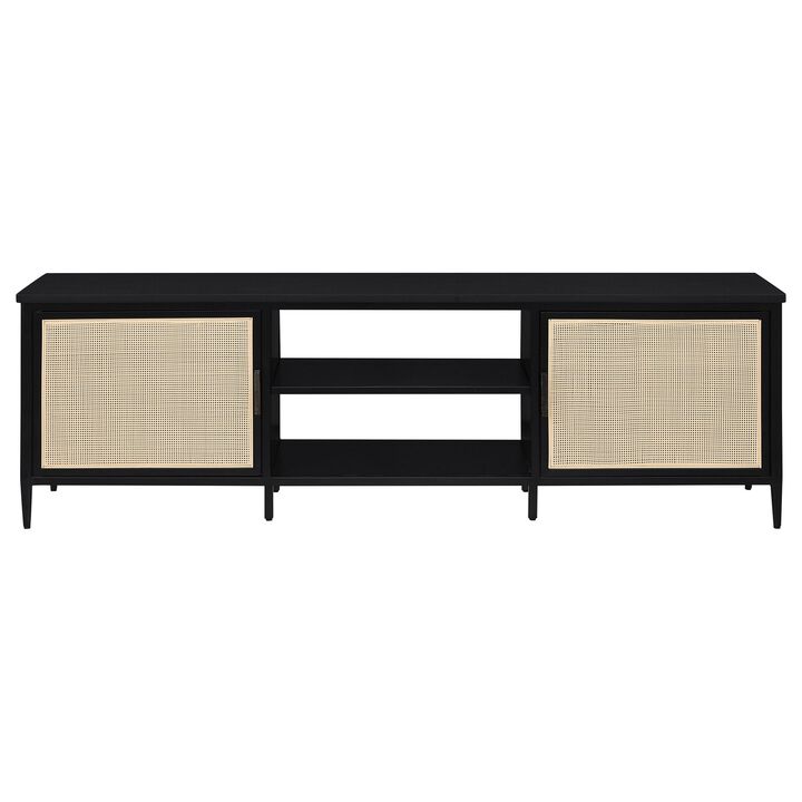 Lanie TV Stand Media Cabinet with 2 Door, PE Cane Front, Black Metal - Benzara